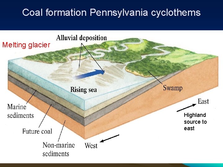 Coal formation Pennsylvania cyclothems Melting glacier Highland source to east 