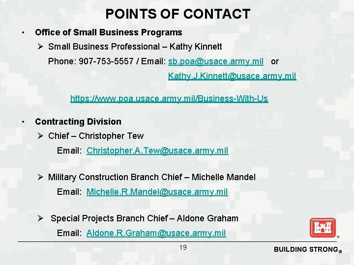 POINTS OF CONTACT • Office of Small Business Programs Ø Small Business Professional –