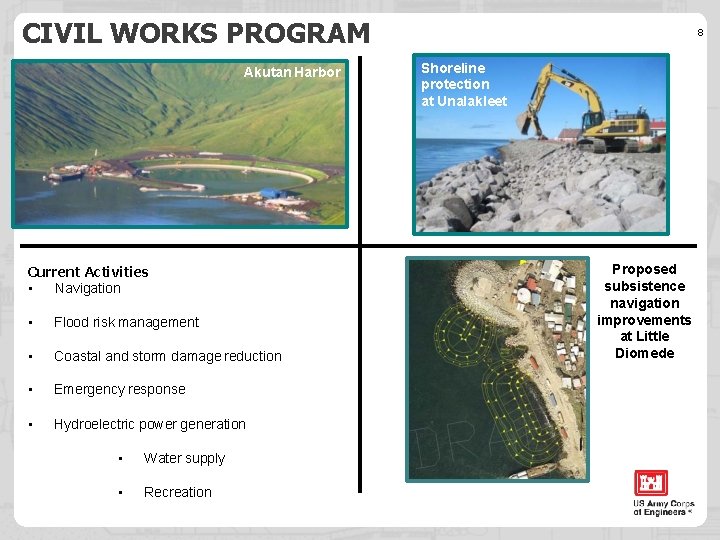 CIVIL WORKS PROGRAM Akutan Harbor Current Activities • Navigation • Flood risk management •