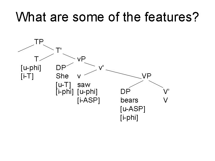 What are some of the features? TP T' T [u-phi] [i-T] v. P DP