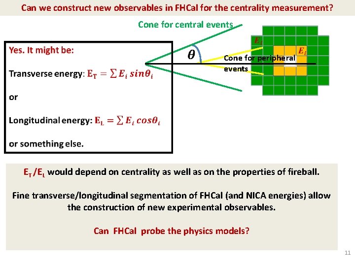 Can we construct new observables in FHCal for the centrality measurement? Cone for central