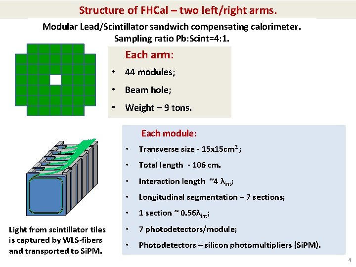 Structure of FHCal – two left/right arms. Modular Lead/Scintillator sandwich compensating calorimeter. Sampling ratio
