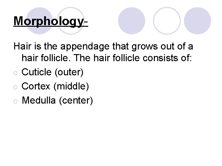Morphology. Hair is the appendage that grows out of a hair follicle. The hair