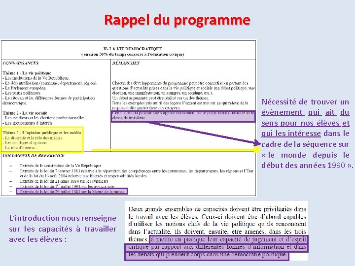 Rappel du programme Nécessité de trouver un évènement qui ait du sens pour nos