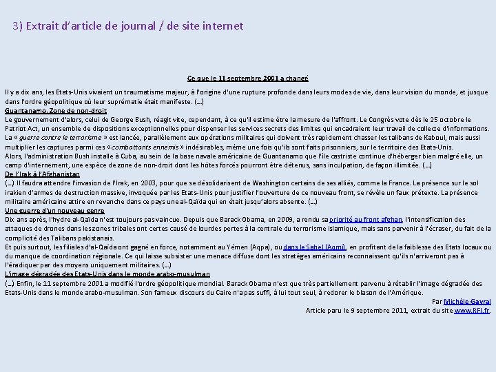 3) Extrait d’article de journal / de site internet Ce que le 11 septembre