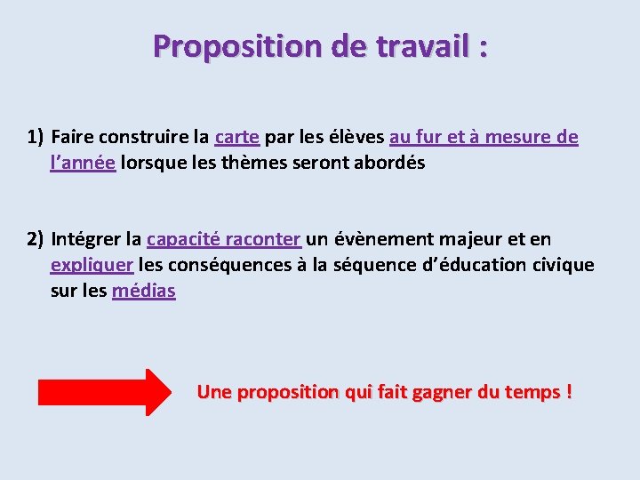 Proposition de travail : 1) Faire construire la carte par les élèves au fur