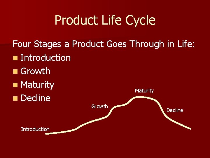 Product Life Cycle Four Stages a Product Goes Through in Life: n Introduction n