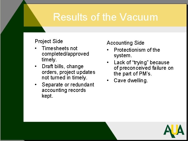 Results of the Vacuum Project Side • Timesheets not completed/approved timely. • Draft bills,