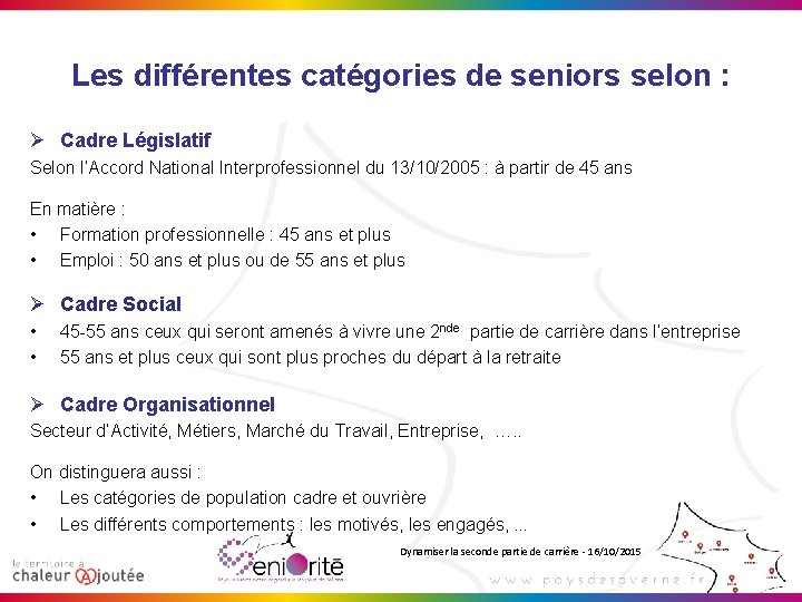 Les différentes catégories de seniors selon : Ø Cadre Législatif Selon l’Accord National Interprofessionnel