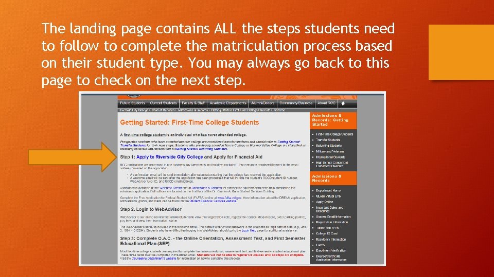 The landing page contains ALL the steps students need to follow to complete the