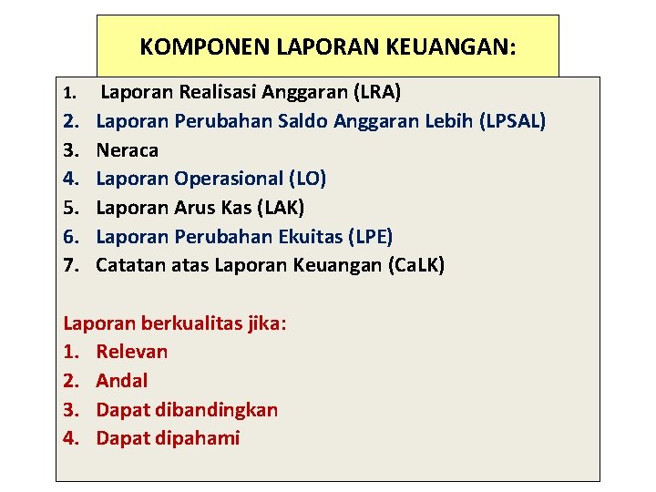 KOMPONEN LAPORAN KEUANGAN: 1. 2. 3. 4. 5. 6. 7. Laporan Realisasi Anggaran (LRA)