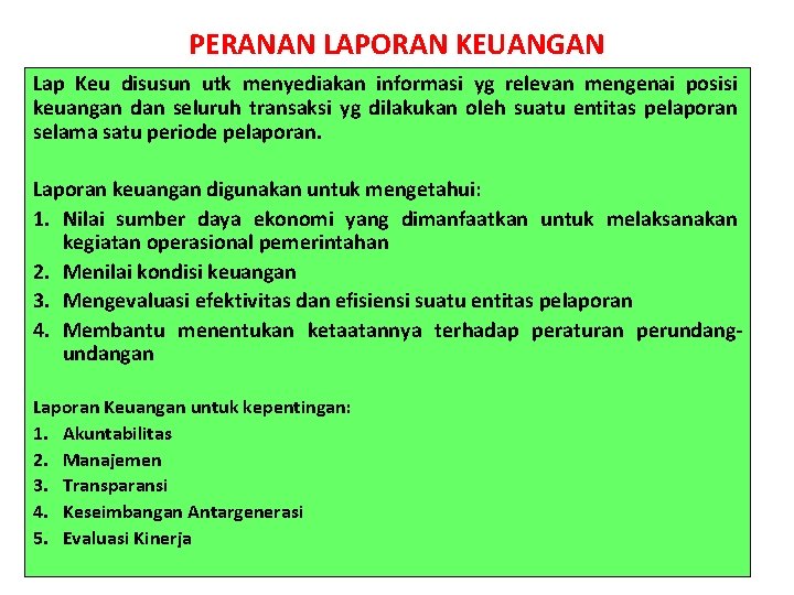 PERANAN LAPORAN KEUANGAN Lap Keu disusun utk menyediakan informasi yg relevan mengenai posisi keuangan