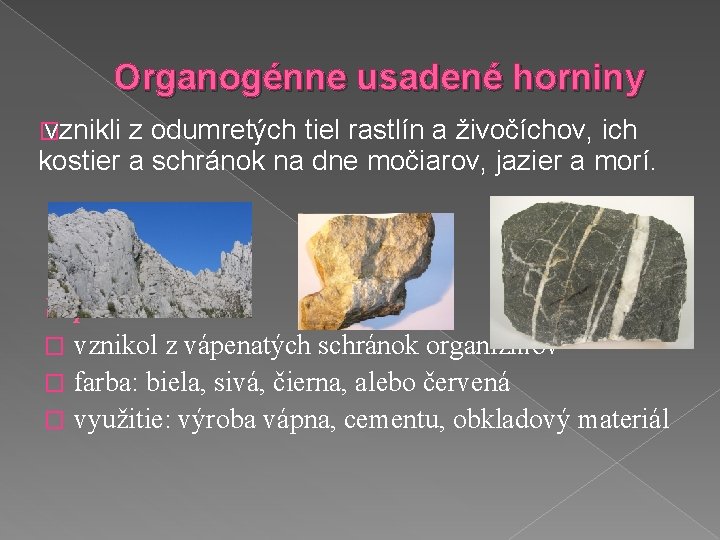 Organogénne usadené horniny � vznikli z odumretých tiel rastlín a živočíchov, ich kostier a