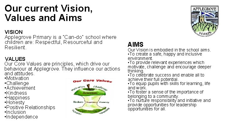 Our current Vision, Values and Aims VISION Applegrove Primary is a “Can-do” school where