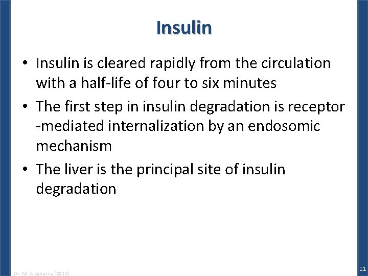 Insulin • Insulin is cleared rapidly from the circulation with a half-life of four