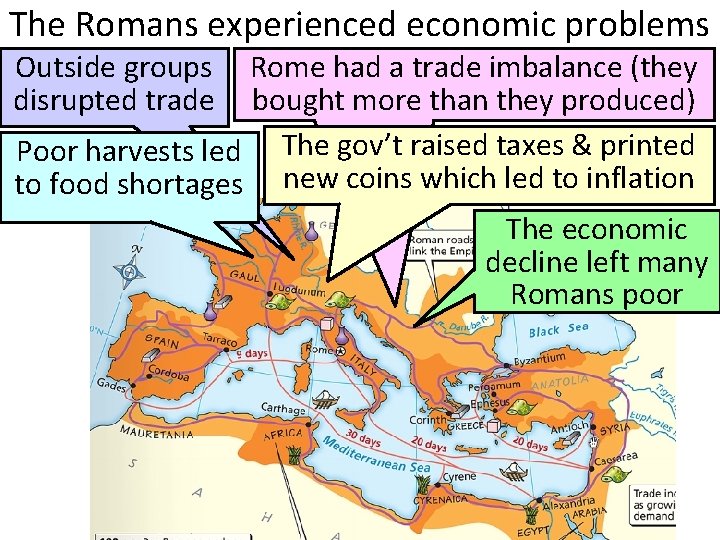 The Romans experienced economic problems Outside groups disrupted trade Rome had a trade imbalance