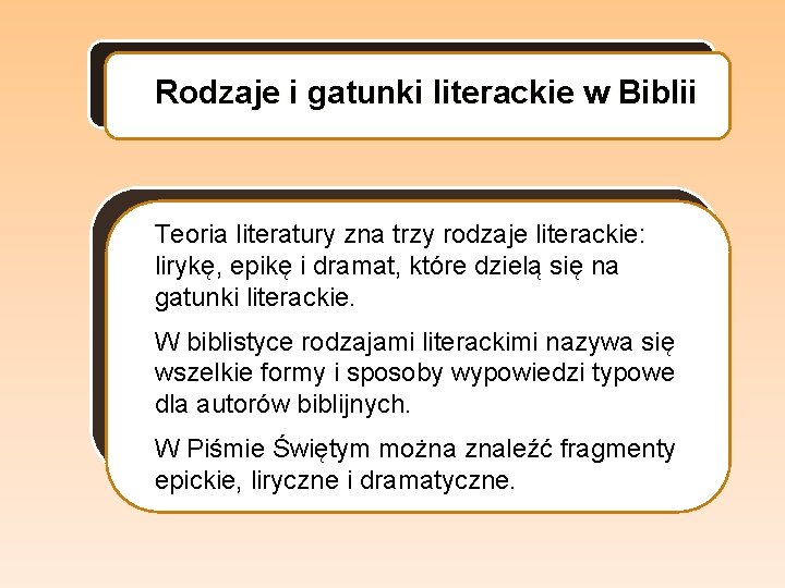 Rodzaje i gatunki literackie w Biblii Teoria literatury zna trzy rodzaje literackie: lirykę, epikę