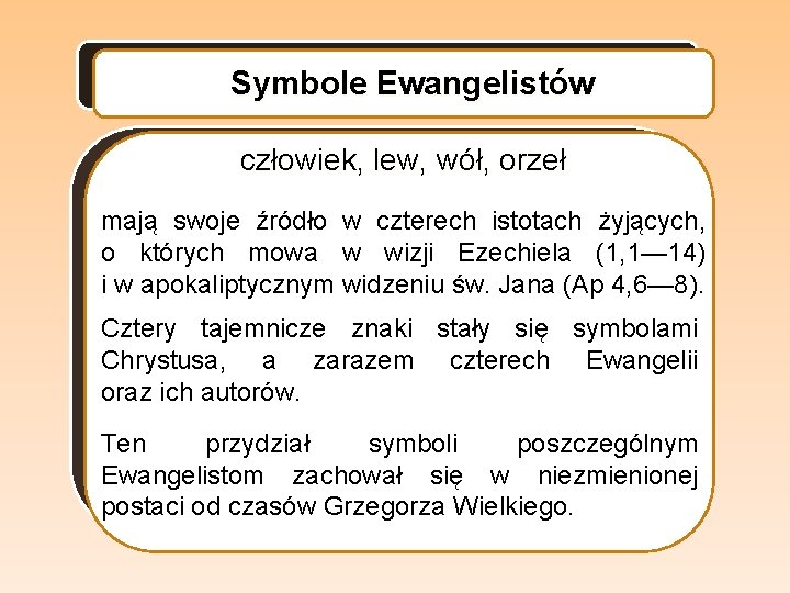 Symbole Ewangelistów człowiek, lew, wół, orzeł mają swoje źródło w czterech istotach żyjących, o