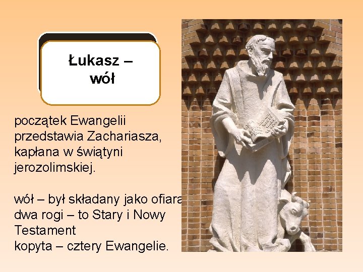 Łukasz – wół początek Ewangelii przedstawia Zachariasza, kapłana w świątyni jerozolimskiej. wół – był