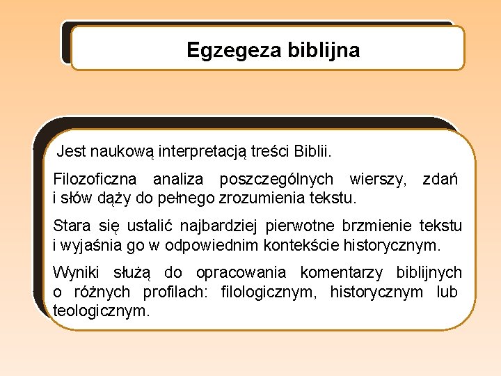 Egzegeza biblijna Jest naukową interpretacją treści Biblii. Filozoficzna analiza poszczególnych wierszy, zdań i słów