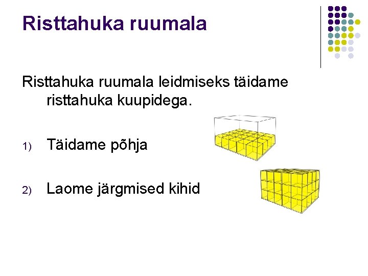 Risttahuka ruumala leidmiseks täidame risttahuka kuupidega. 1) Täidame põhja 2) Laome järgmised kihid 