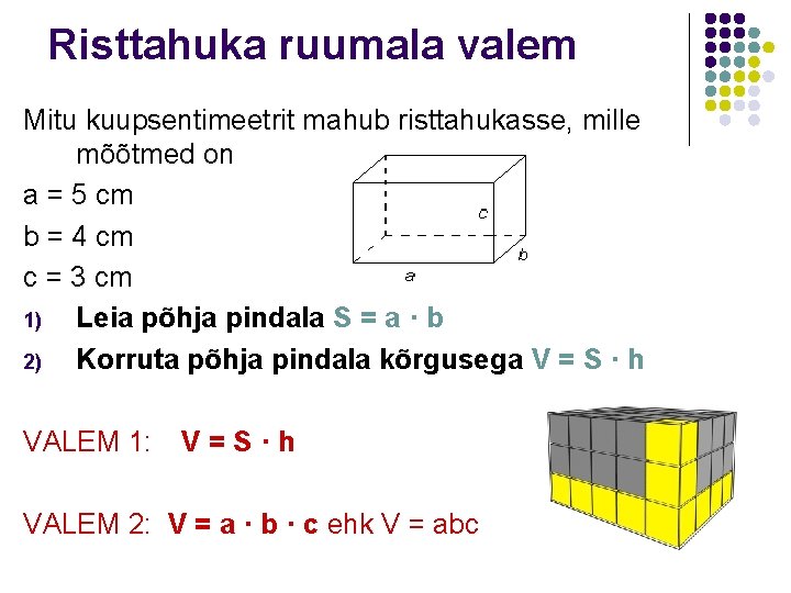 Risttahuka ruumala valem Mitu kuupsentimeetrit mahub risttahukasse, mille mõõtmed on a = 5 cm