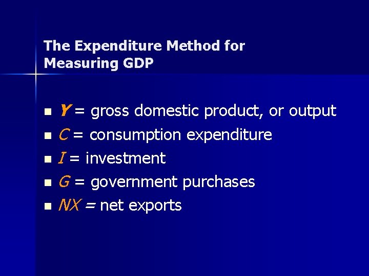 The Expenditure Method for Measuring GDP Y = gross domestic product, or output n
