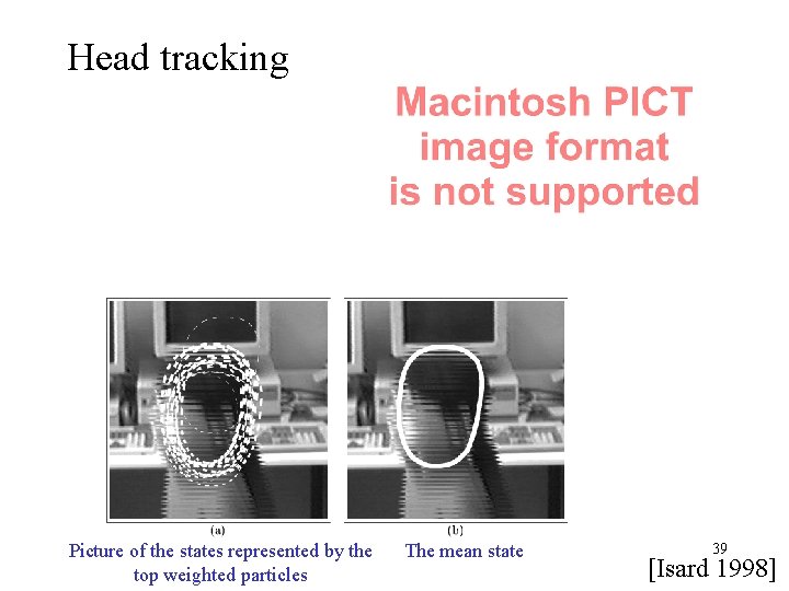 Head tracking Picture of the states represented by the top weighted particles The mean