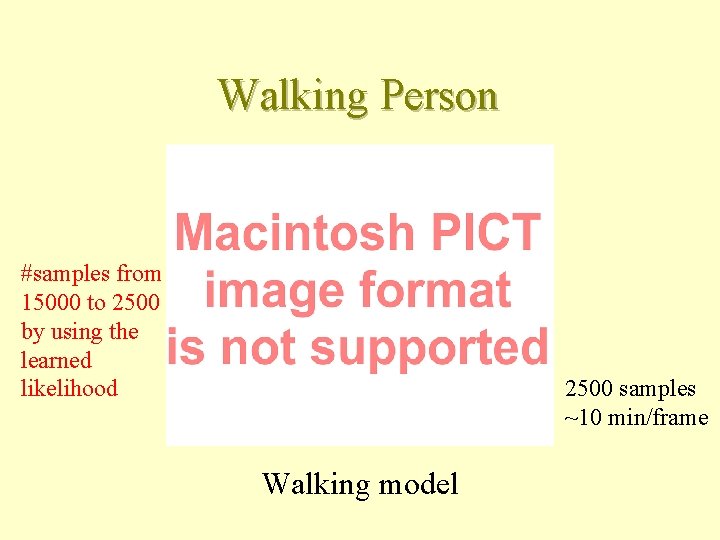 Walking Person #samples from 15000 to 2500 by using the learned likelihood 2500 samples
