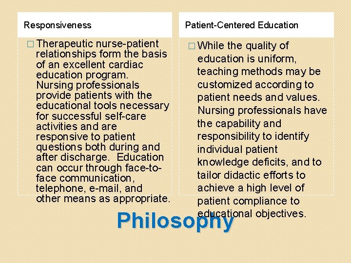 Responsiveness Patient-Centered Education � Therapeutic � While nurse-patient relationships form the basis of an