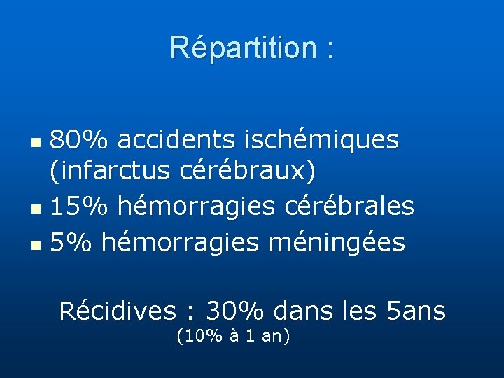 Répartition : 80% accidents ischémiques (infarctus cérébraux) n 15% hémorragies cérébrales n 5% hémorragies