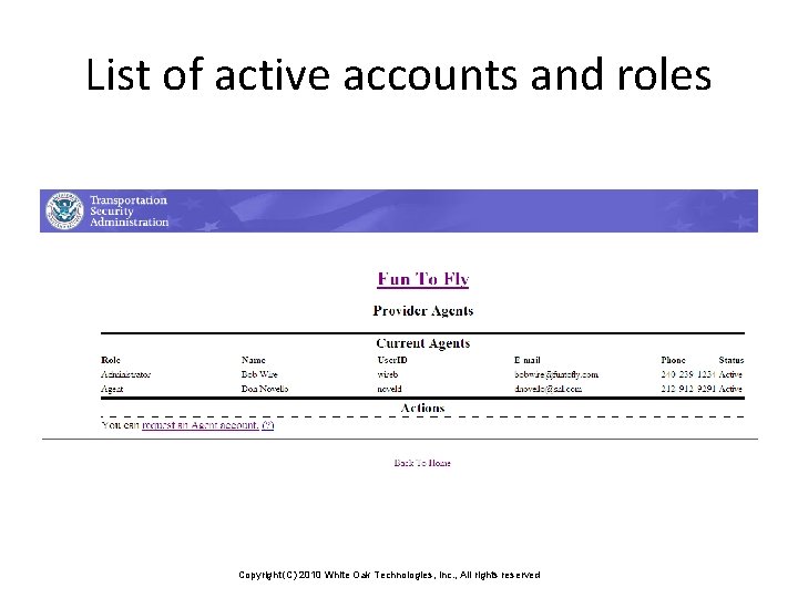 List of active accounts and roles Copyright (C) 2010 White Oak Technologies, Inc. ,