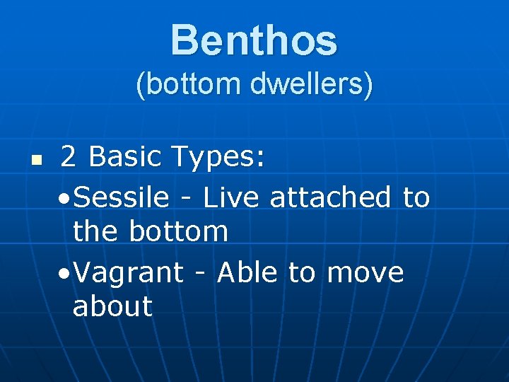Benthos (bottom dwellers) n 2 Basic Types: • Sessile - Live attached to the
