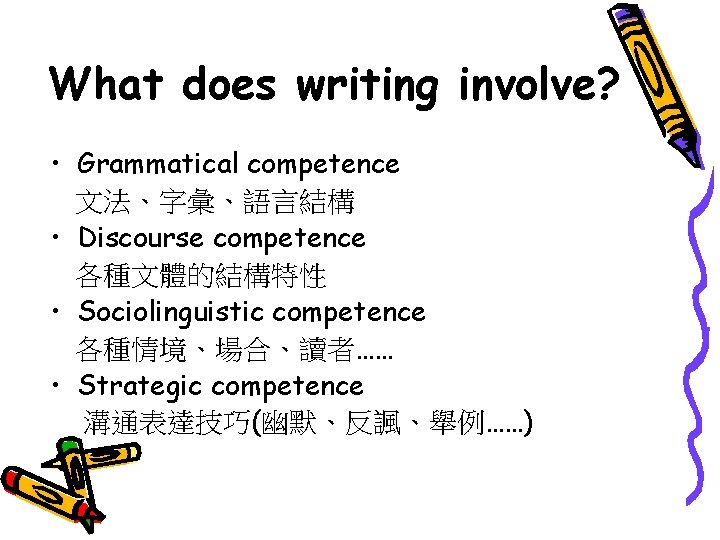 What does writing involve? • Grammatical competence 文法、字彙、語言結構 • Discourse competence 各種文體的結構特性 • Sociolinguistic