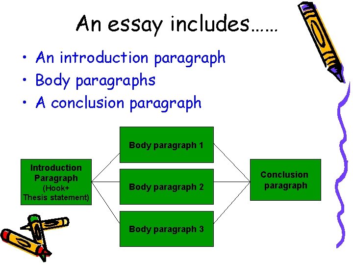 An essay includes…… • An introduction paragraph • Body paragraphs • A conclusion paragraph