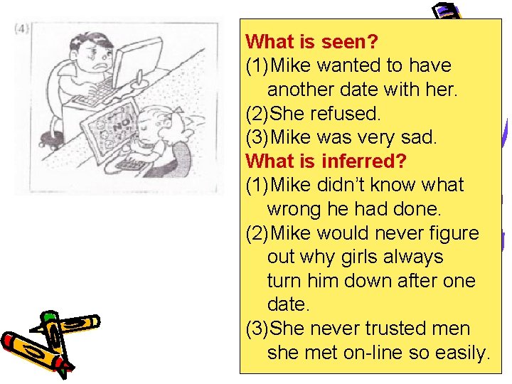 What is seen? (1)Mike wanted to have another date with her. (2)She refused. (3)Mike