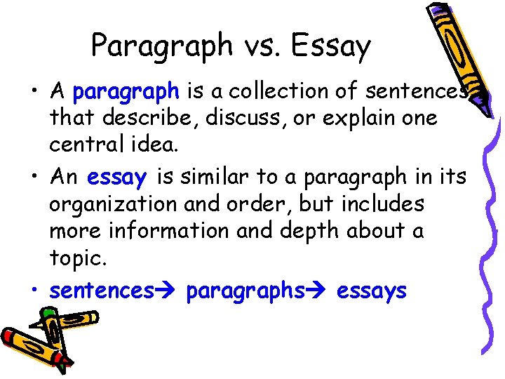Paragraph vs. Essay • A paragraph is a collection of sentences that describe, discuss,