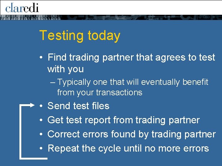 Testing today • Find trading partner that agrees to test with you – Typically