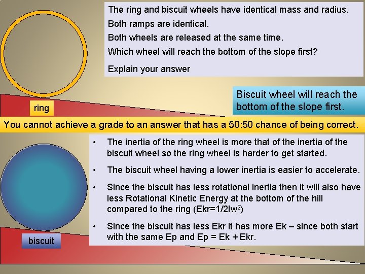 The ring and biscuit wheels have identical mass and radius. Both ramps are identical.