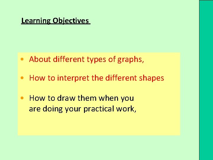 Learning Objectives • About different types of graphs, • How to interpret the different