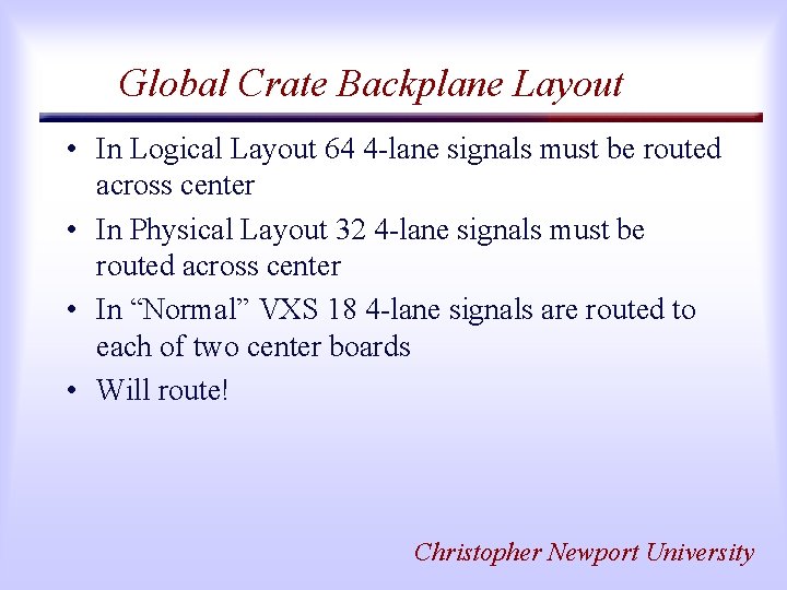 Global Crate Backplane Layout • In Logical Layout 64 4 -lane signals must be