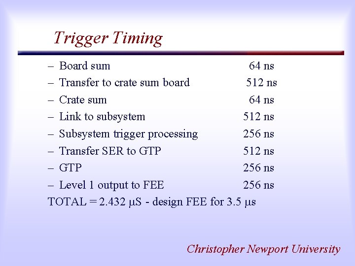 Trigger Timing – Board sum 64 ns – Transfer to crate sum board 512