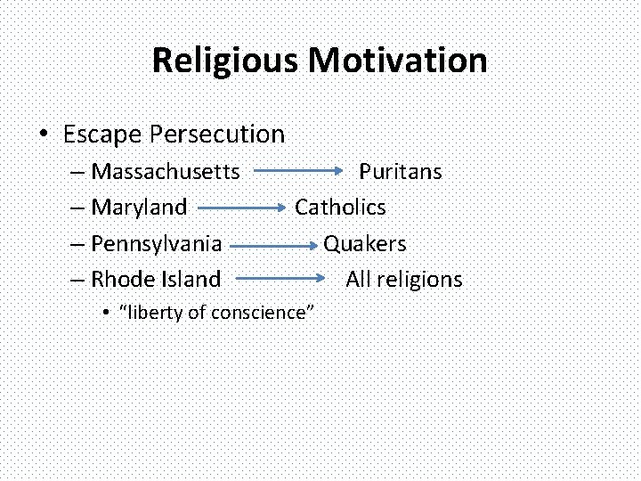 Religious Motivation • Escape Persecution – Massachusetts – Maryland – Pennsylvania – Rhode Island