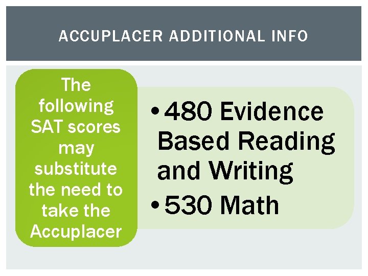 ACCUPLACER ADDITIONAL INFO The following SAT scores may substitute the need to take the