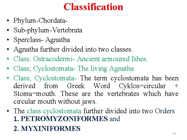 Classification • • Phylum-Chordata. Sub-phylum-Vertebrata Sperclass- Agnatha further divided into two classes. Class: Ostracodermi-