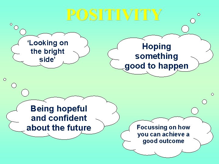 POSITIVITY ‘Looking on the bright side’ Being hopeful and confident about the future Hoping