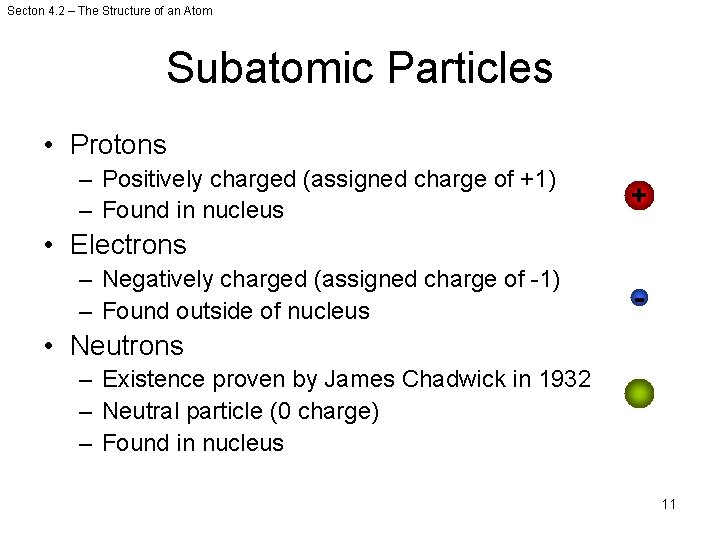 Secton 4. 2 – The Structure of an Atom Subatomic Particles • Protons –