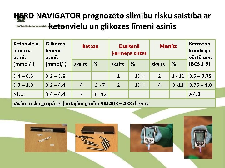 HERD NAVIGATOR prognozēto slimību risku saistība ar ketonvielu un glikozes līmeni asinīs Ketonvielu līmenis