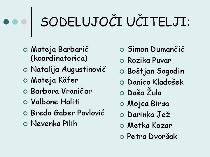 SODELUJOČI UČITELJI: ¢ ¢ ¢ ¢ Mateja Barbarič (koordinatorica) Natalija Augustinovič Mateja Käfer Barbara