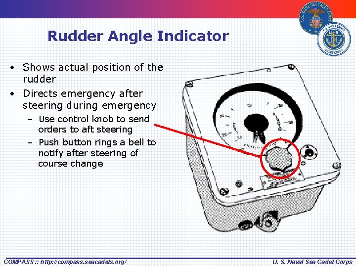 Rudder Angle Indicator • Shows actual position of the rudder • Directs emergency after
